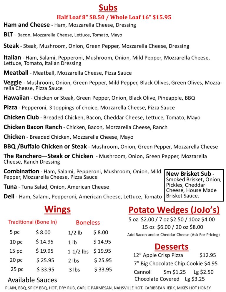 Submenu of sandwiches: Ham and Cheese, BLT, Steak, Italian, Meatball, Veggie, Hawaiian, Pizza, Chicken Club, Chicken Bacon Ranch, Chicken, BBQ/Buffalo, The Ranchero—Steak or Chicken, combinations, and a New Brisket Sub box with prices.