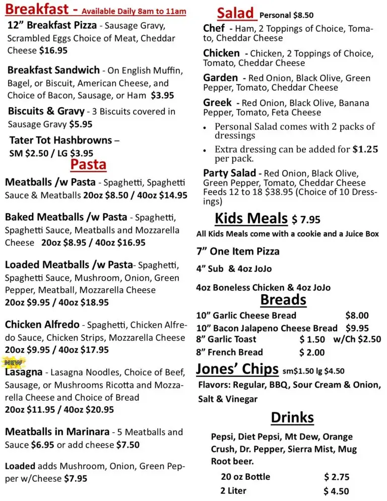 Menu page showing Breakfast and Salad sections with item names and prices like '12" Breakfast Pizza' and 'Salad .50'
