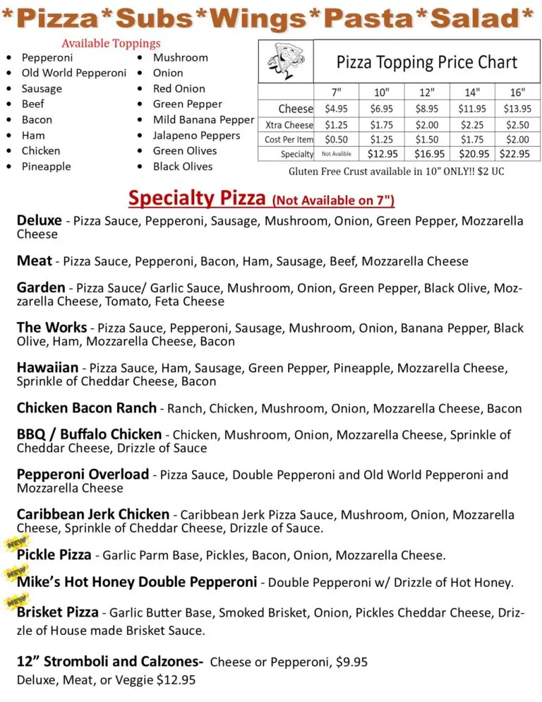 Pizza menu page showing available toppings list, a Pizza Topping Price Chart, and a list of Specialty Pizzas (Deluxe, Meat, Garden, The Works, Hawaiian) with prices; bottom notes mention gluten-free crust and 12” Stromboli/Calzones.