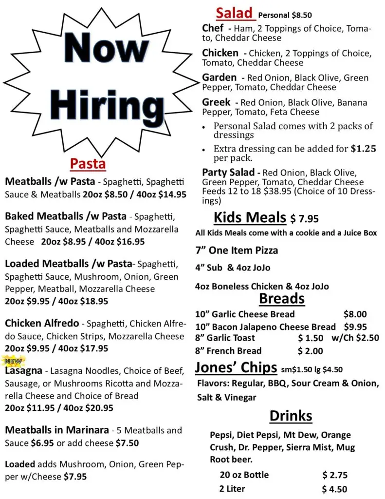 Now Hiring sign with starburst on the left; restaurant menu on the right listing salads, pastas, breads, and drinks.